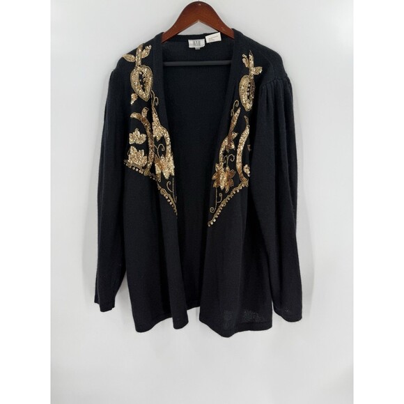 VINTAGE MADELEINE Black Angora Blend Cardigan Sweater Gold Sequins Womens MEDIUM - Picture 3 of 11